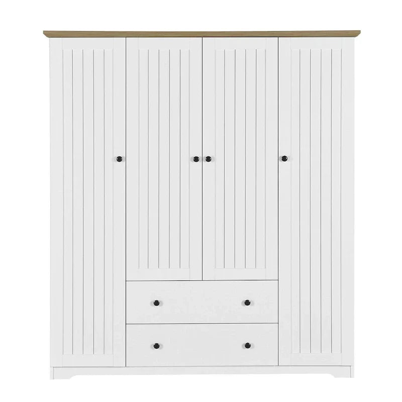 Freestanding 4 - Door Wardrobe Armoire with 2 Drawers and Hanging Rods for Clothes Storage