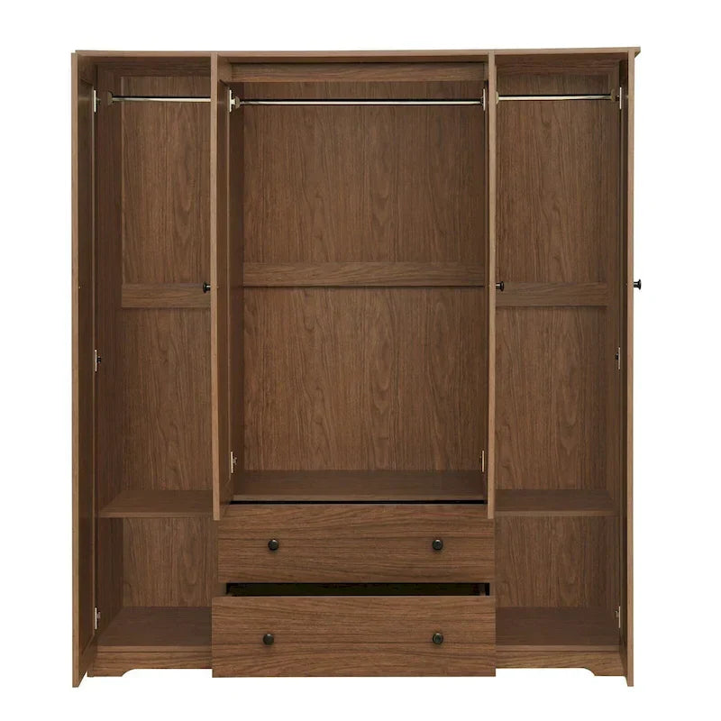 Freestanding 4 - Door Wardrobe Armoire with 2 Drawers and Hanging Rods for Clothes Storage