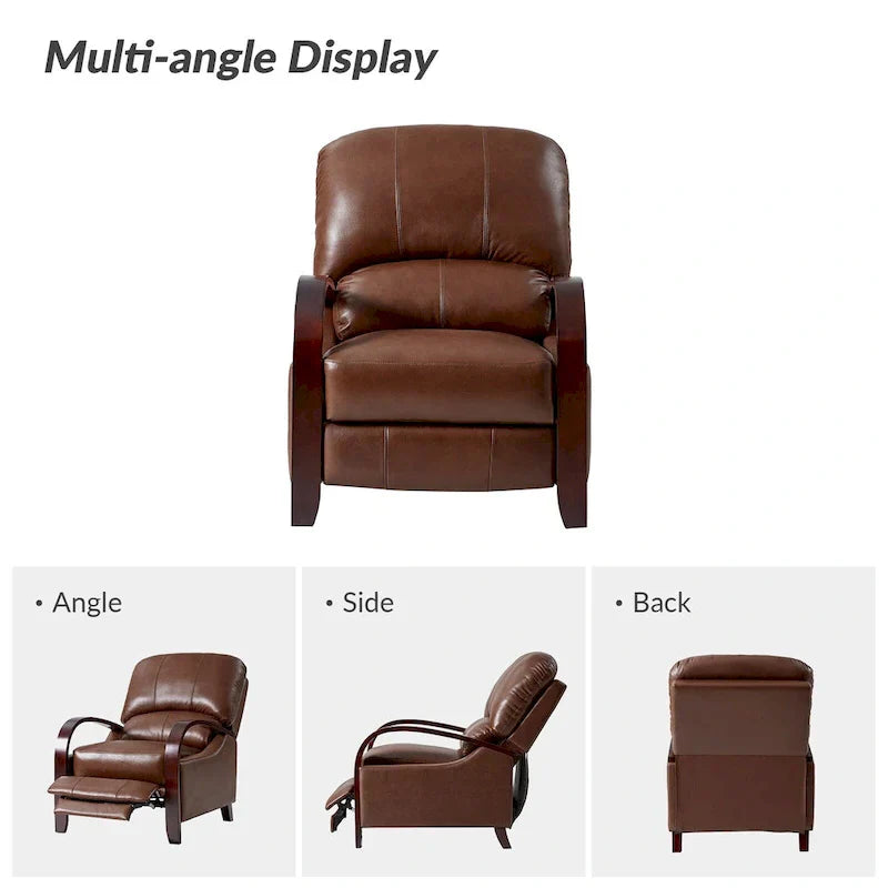 Set of 2 Alex Mid - Century Modern Genuine Leather Manual Recliners with Curved Wooden Arms