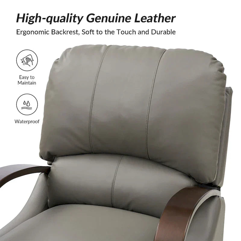 Set of 2 Alex Mid - Century Modern Genuine Leather Manual Recliners with Curved Wooden Arms