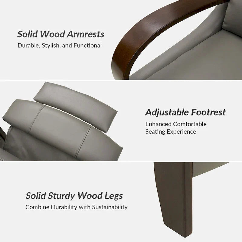 Set of 2 Alex Mid - Century Modern Genuine Leather Manual Recliners with Curved Wooden Arms