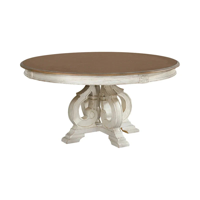 Caelum 7-Piece Round Dining Set with White Fabric Upholstery by The Gray Barn